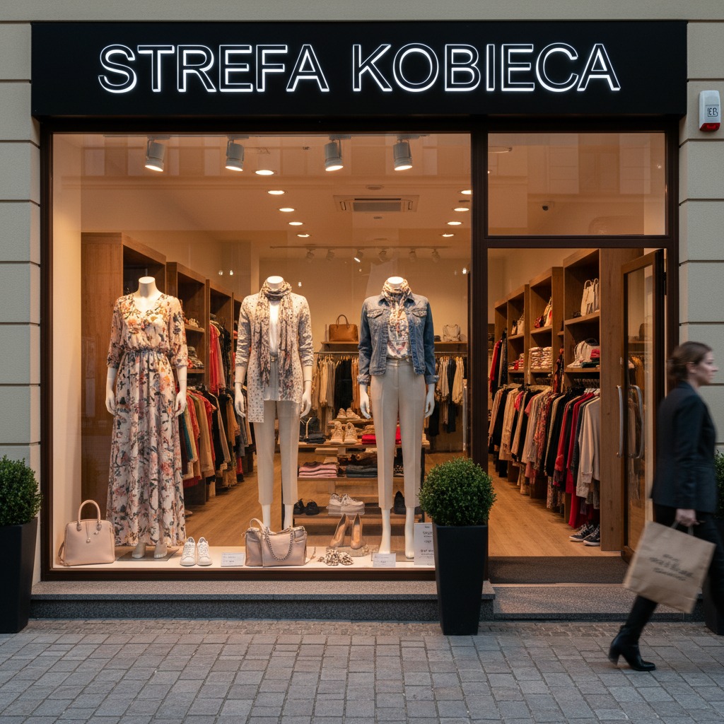 Witryna sklepu odzieżowego Strefa Kobieca z manekinami prezentującymi ubrania i przechodzącą obok kobietą z torbą na zakupy.